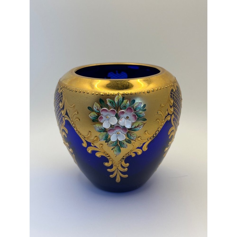 Vintage Moser Bohemian Blue Gold Vase applied Flowers 5" READ